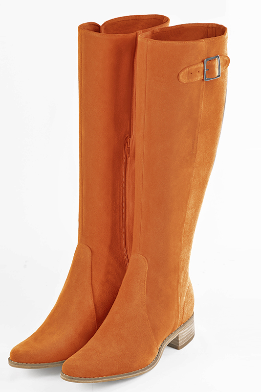 Apricot orange women's knee-high boots with buckles. Round toe. Low leather soles. Made to measure. Front view - Florence KOOIJMAN